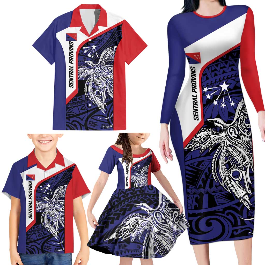 Personalised PNG Central Province Family Matching Long Sleeve Bodycon Dress and Hawaiian Shirt Bird of Paradise Tattoo Flag Motif LT9 - Polynesian Pride