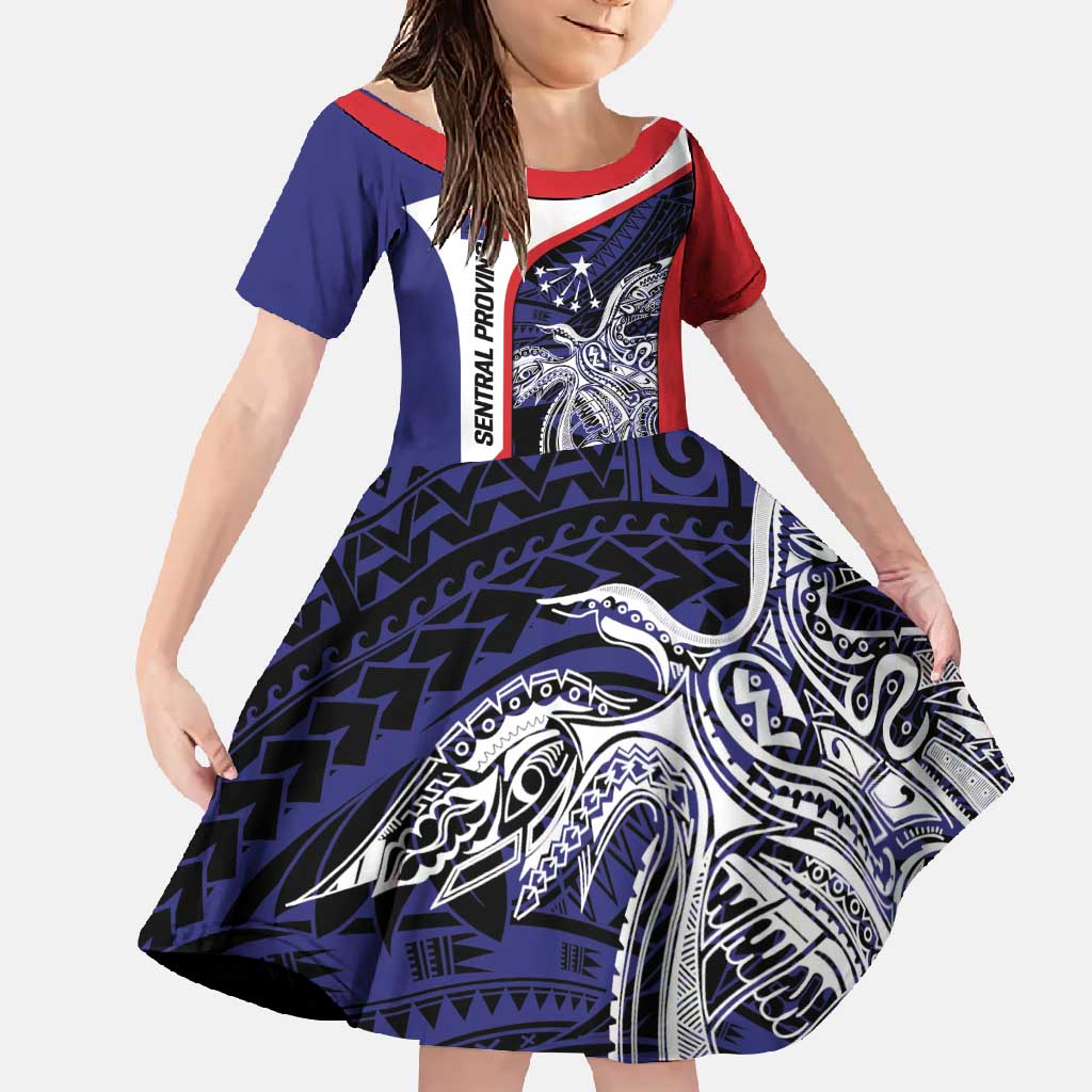 Personalised PNG Central Province Family Matching Mermaid Dress and Hawaiian Shirt Bird of Paradise Tattoo Flag Motif LT9 Daughter's Dress Blue - Polynesian Pride