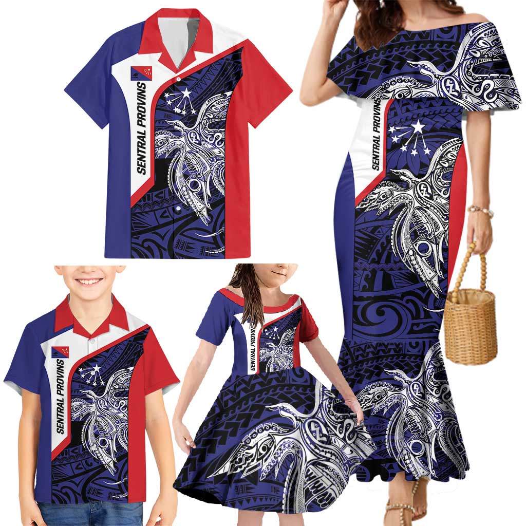 Personalised PNG Central Province Family Matching Mermaid Dress and Hawaiian Shirt Bird of Paradise Tattoo Flag Motif LT9 - Polynesian Pride
