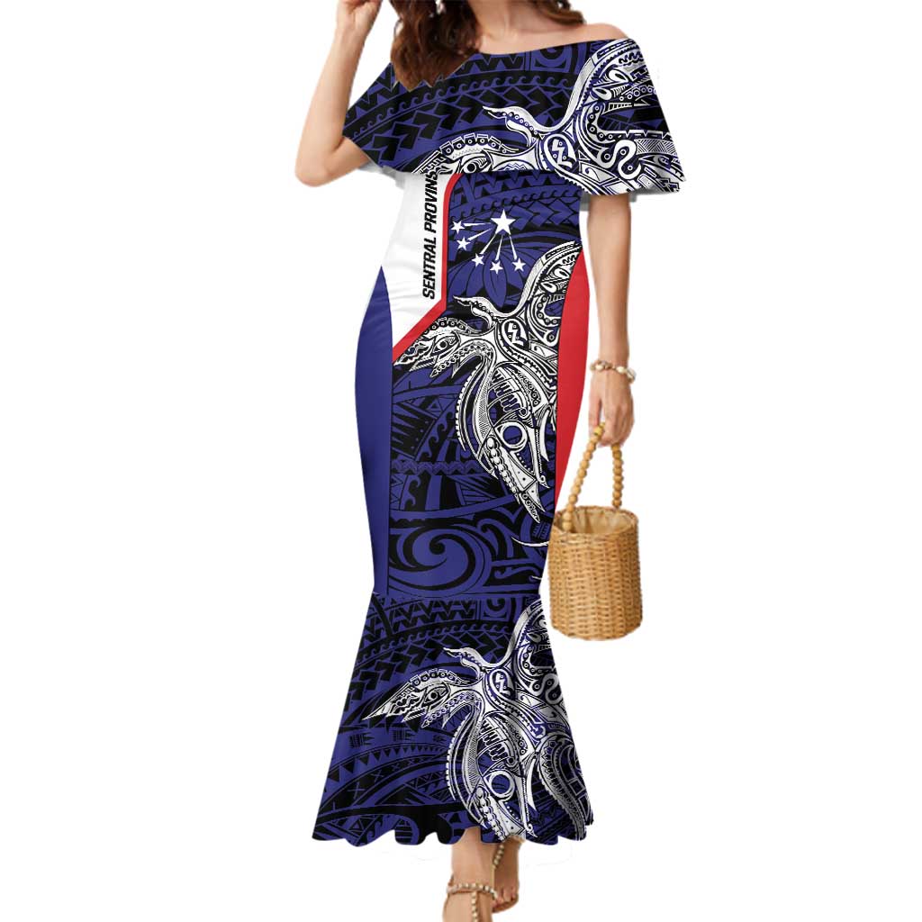 Personalised PNG Central Province Family Matching Mermaid Dress and Hawaiian Shirt Bird of Paradise Tattoo Flag Motif LT9 Mom's Dress Blue - Polynesian Pride