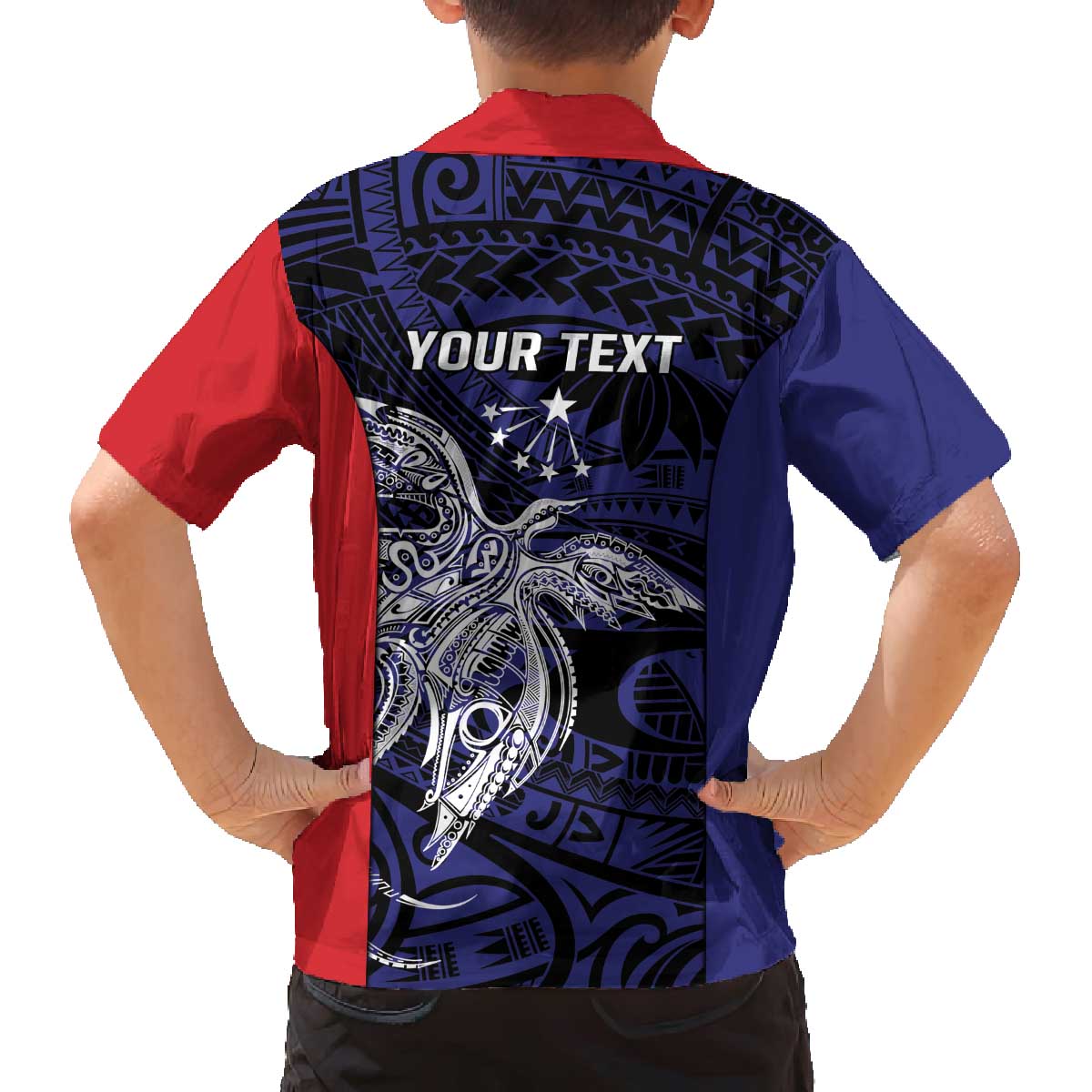 Personalised PNG Central Province Family Matching Off The Shoulder Long Sleeve Dress and Hawaiian Shirt Bird of Paradise Tattoo Flag Motif LT9 - Polynesian Pride