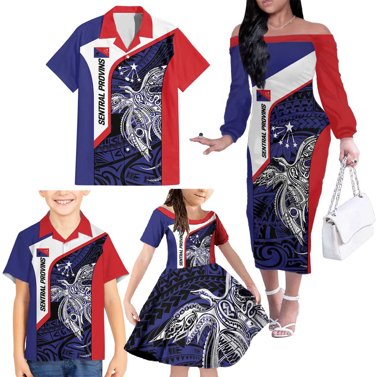 Personalised PNG Central Province Family Matching Off The Shoulder Long Sleeve Dress and Hawaiian Shirt Bird of Paradise Tattoo Flag Motif LT9 - Polynesian Pride