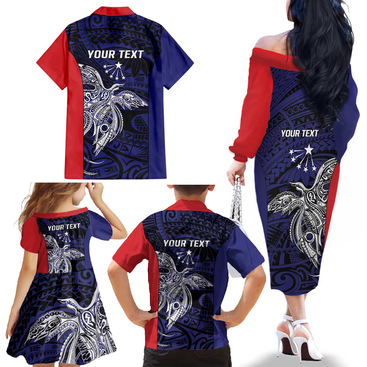 Personalised PNG Central Province Family Matching Off The Shoulder Long Sleeve Dress and Hawaiian Shirt Bird of Paradise Tattoo Flag Motif LT9 - Polynesian Pride