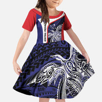 Personalised PNG Central Province Family Matching Off Shoulder Maxi Dress and Hawaiian Shirt Bird of Paradise Tattoo Flag Motif LT9 Daughter's Dress Blue - Polynesian Pride