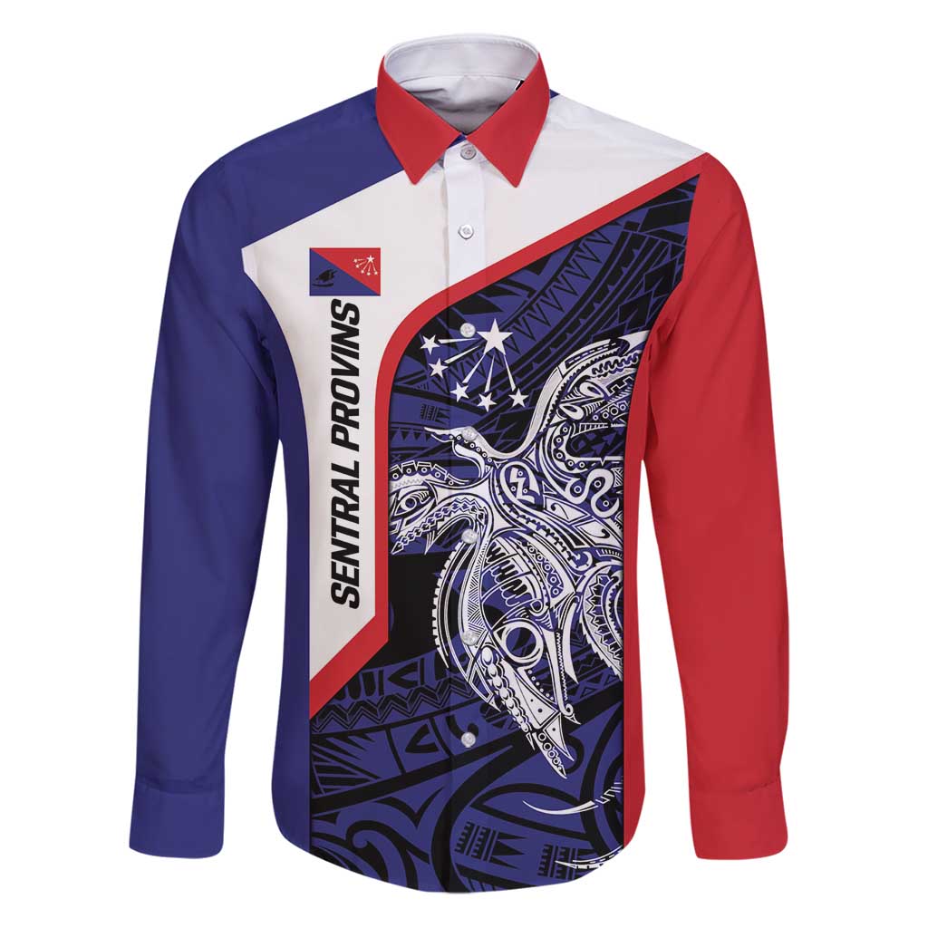 Personalised PNG Central Province Family Matching Puletasi and Hawaiian Shirt Bird of Paradise Tattoo Flag Motif LT9 Dad's Shirt - Long Sleeve Blue - Polynesian Pride