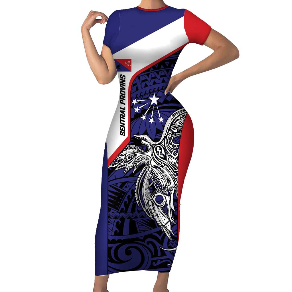 Personalised PNG Central Province Family Matching Short Sleeve Bodycon Dress and Hawaiian Shirt Bird of Paradise Tattoo Flag Motif LT9 Mom's Dress Blue - Polynesian Pride