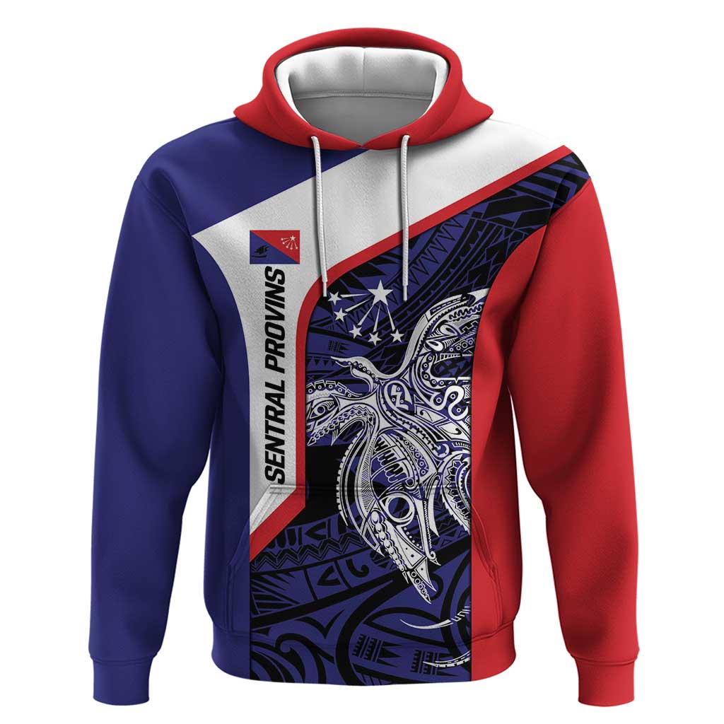 Personalised PNG Central Province Hoodie Bird of Paradise Tattoo Flag Motif LT9 Pullover Hoodie Blue - Polynesian Pride