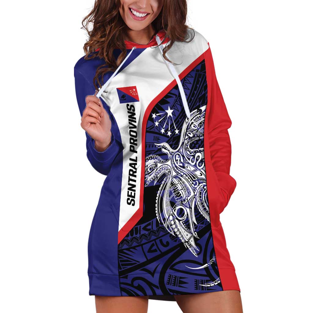 Personalised PNG Central Province Hoodie Dress Bird of Paradise Tattoo Flag Motif LT9 Blue - Polynesian Pride