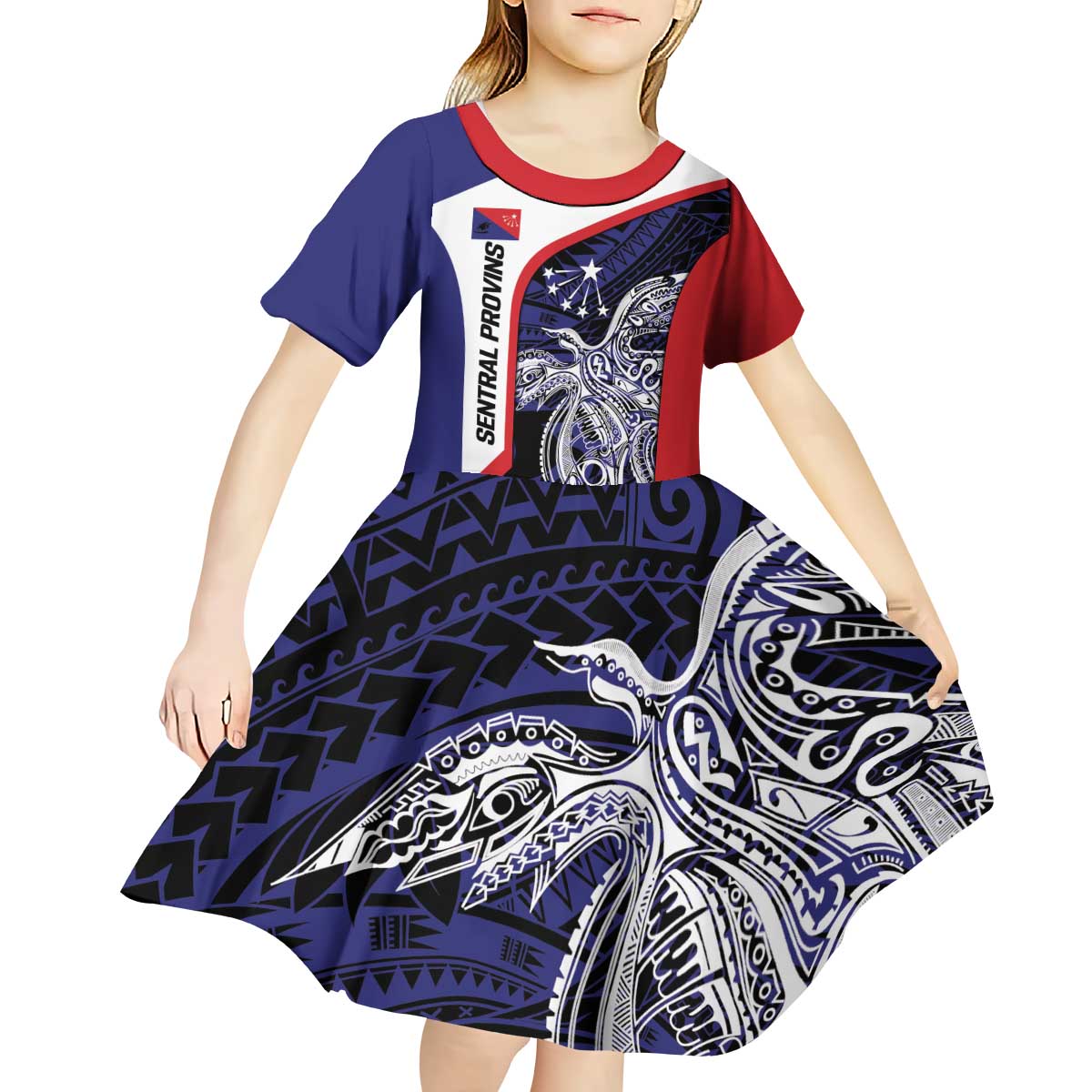Personalised PNG Central Province Kid Short Sleeve Dress Bird of Paradise Tattoo Flag Motif LT9 - Polynesian Pride