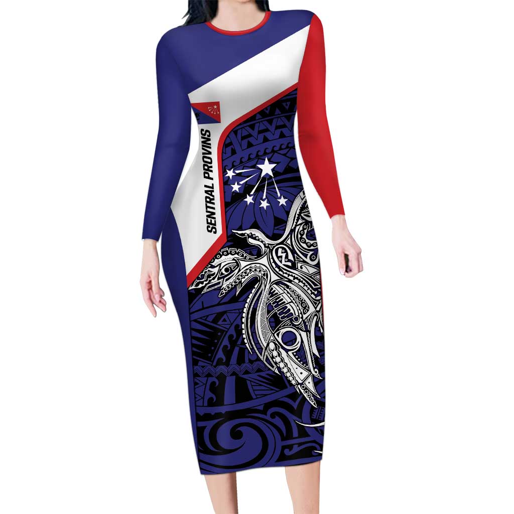 Personalised PNG Central Province Long Sleeve Bodycon Dress Bird of Paradise Tattoo Flag Motif - Polynesian Pride