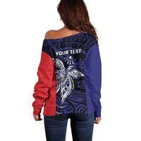 Personalised PNG Central Province Off Shoulder Sweater Bird of Paradise Tattoo Flag Motif - Polynesian Pride