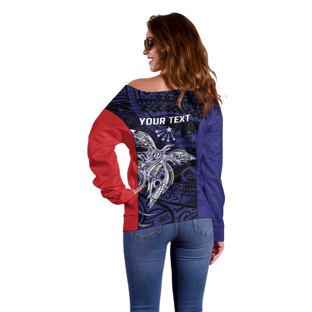 Personalised PNG Central Province Off Shoulder Sweater Bird of Paradise Tattoo Flag Motif - Polynesian Pride