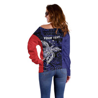 Personalised PNG Central Province Off Shoulder Sweater Bird of Paradise Tattoo Flag Motif - Polynesian Pride
