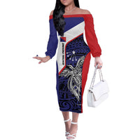 Personalised PNG Central Province Off The Shoulder Long Sleeve Dress Bird of Paradise Tattoo Flag Motif LT9 Women Blue - Polynesian Pride