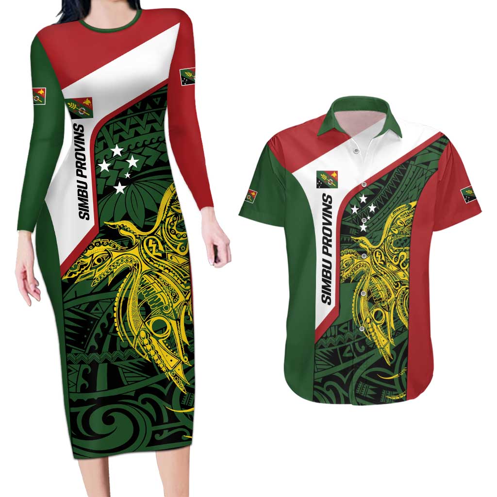 Personalised PNG Chimbu Province Couples Matching Long Sleeve Bodycon Dress and Hawaiian Shirt Bird of Paradise Tattoo Flag Motif LT9 Red - Polynesian Pride