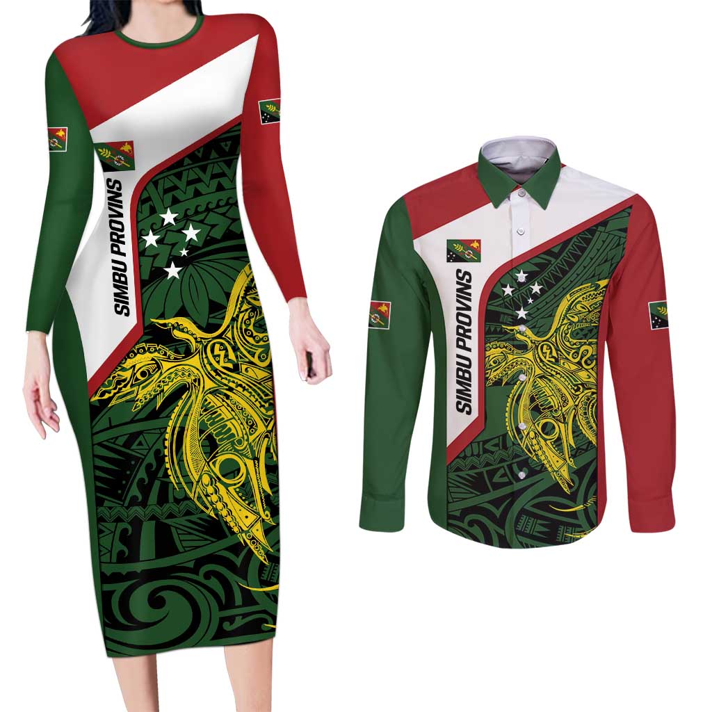 Personalised PNG Chimbu Province Couples Matching Long Sleeve Bodycon Dress and Long Sleeve Button Shirt Bird of Paradise Tattoo Flag Motif LT9 Red - Polynesian Pride