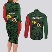 Personalised PNG Chimbu Province Couples Matching Long Sleeve Bodycon Dress and Long Sleeve Button Shirt Bird of Paradise Tattoo Flag Motif LT9 - Polynesian Pride
