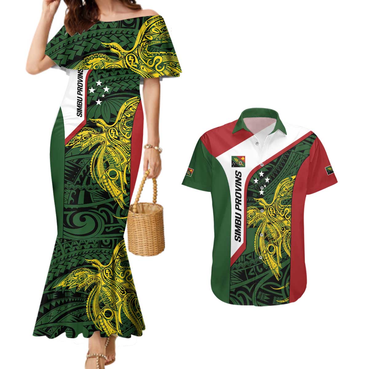 Personalised PNG Chimbu Province Couples Matching Mermaid Dress and Hawaiian Shirt Bird of Paradise Tattoo Flag Motif - Polynesian Pride
