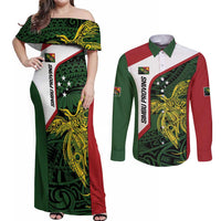 Personalised PNG Chimbu Province Couples Matching Off Shoulder Maxi Dress and Long Sleeve Button Shirt Bird of Paradise Tattoo Flag Motif LT9 Red - Polynesian Pride