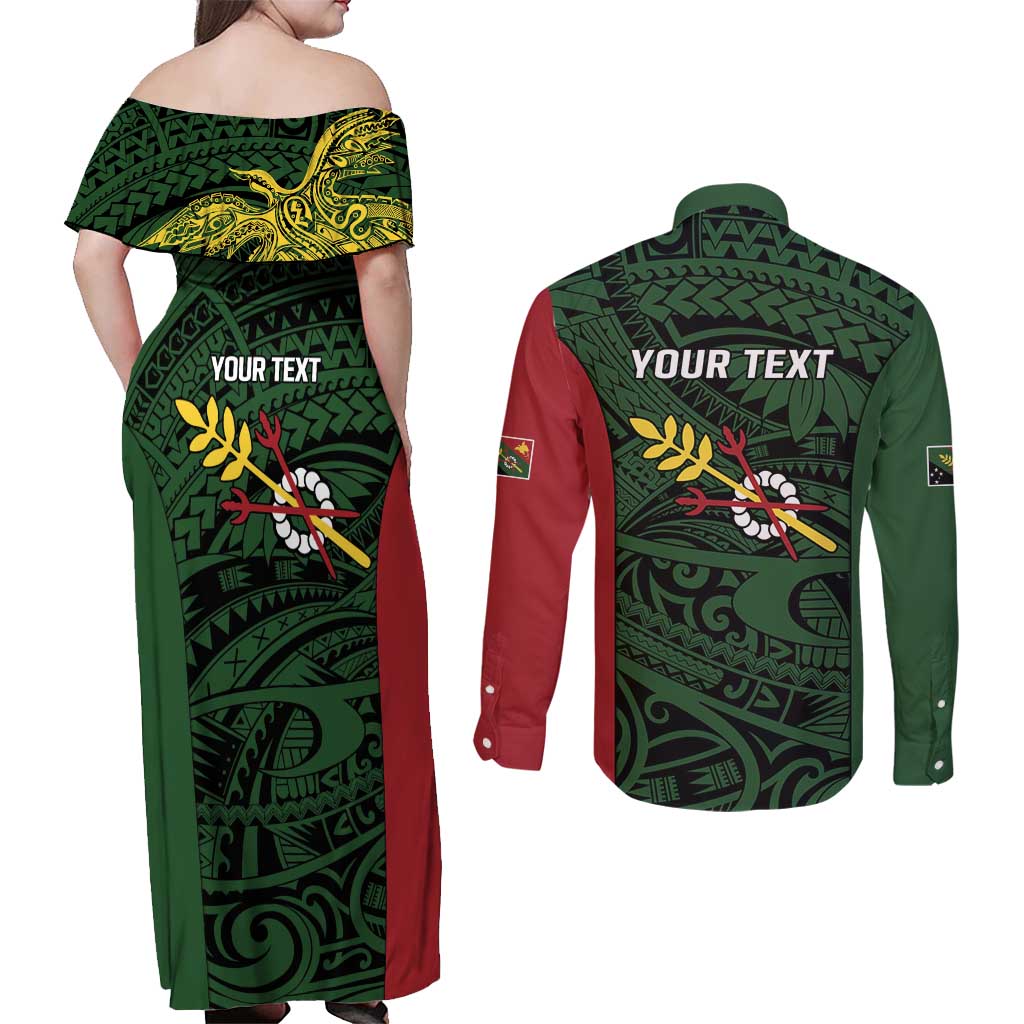 Personalised PNG Chimbu Province Couples Matching Off Shoulder Maxi Dress and Long Sleeve Button Shirt Bird of Paradise Tattoo Flag Motif LT9 - Polynesian Pride