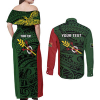Personalised PNG Chimbu Province Couples Matching Off Shoulder Maxi Dress and Long Sleeve Button Shirt Bird of Paradise Tattoo Flag Motif LT9 - Polynesian Pride