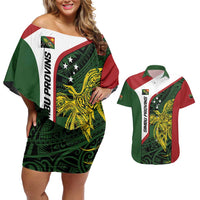 Personalised PNG Chimbu Province Couples Matching Off Shoulder Short Dress and Hawaiian Shirt Bird of Paradise Tattoo Flag Motif LT9 Red - Polynesian Pride