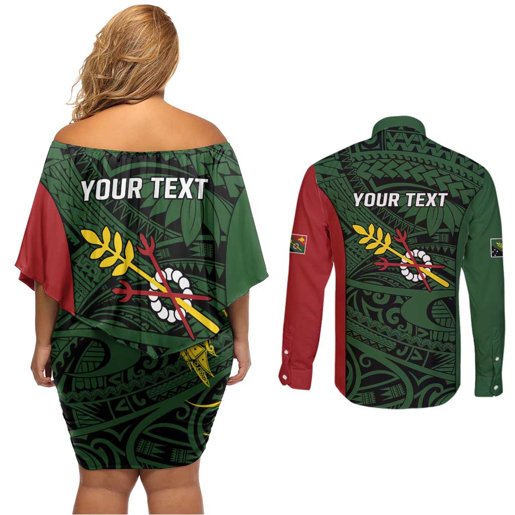 Personalised PNG Chimbu Province Couples Matching Off Shoulder Short Dress and Long Sleeve Button Shirt Bird of Paradise Tattoo Flag Motif LT9 - Polynesian Pride