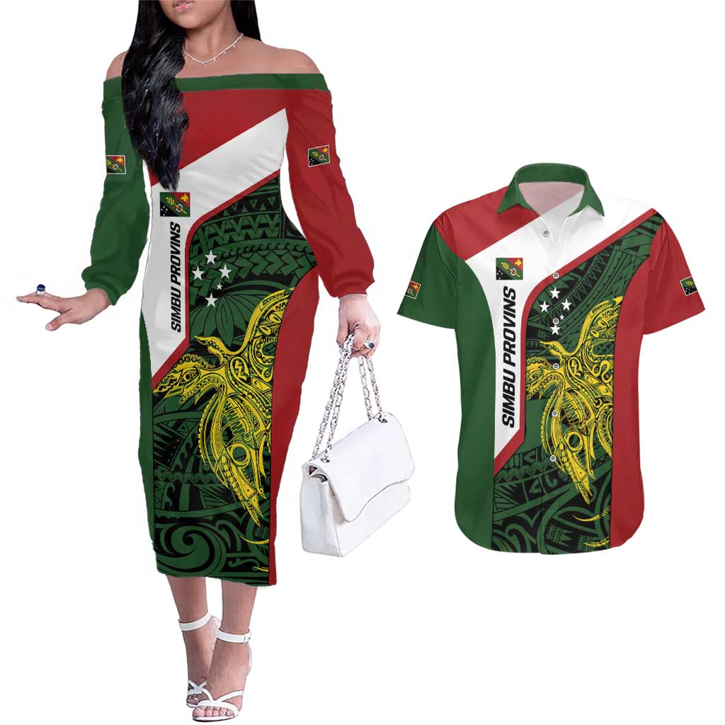 Personalised PNG Chimbu Province Couples Matching Off The Shoulder Long Sleeve Dress and Hawaiian Shirt Bird of Paradise Tattoo Flag Motif LT9 Red - Polynesian Pride