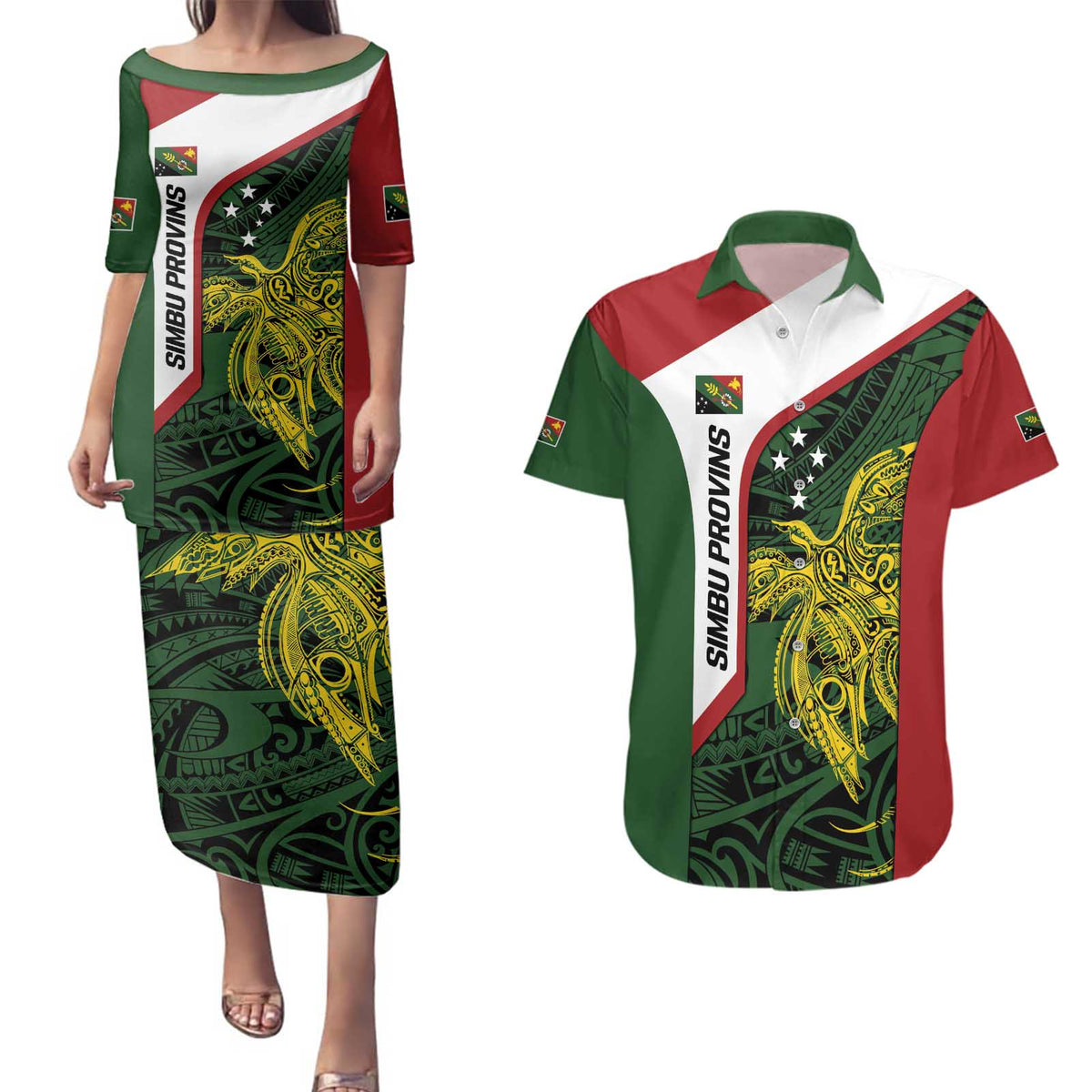 Personalised PNG Chimbu Province Couples Matching Puletasi and Hawaiian Shirt Bird of Paradise Tattoo Flag Motif LT9 Red - Polynesian Pride