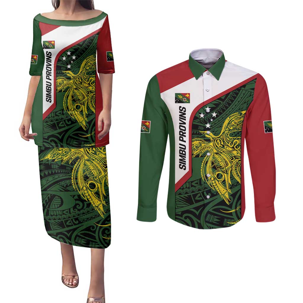 Personalised PNG Chimbu Province Couples Matching Puletasi and Long Sleeve Button Shirt Bird of Paradise Tattoo Flag Motif LT9 Red - Polynesian Pride