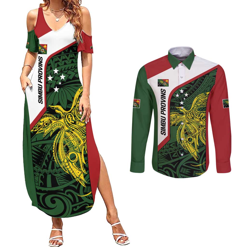 Personalised PNG Chimbu Province Couples Matching Summer Maxi Dress and Long Sleeve Button Shirt Bird of Paradise Tattoo Flag Motif LT9 Red - Polynesian Pride