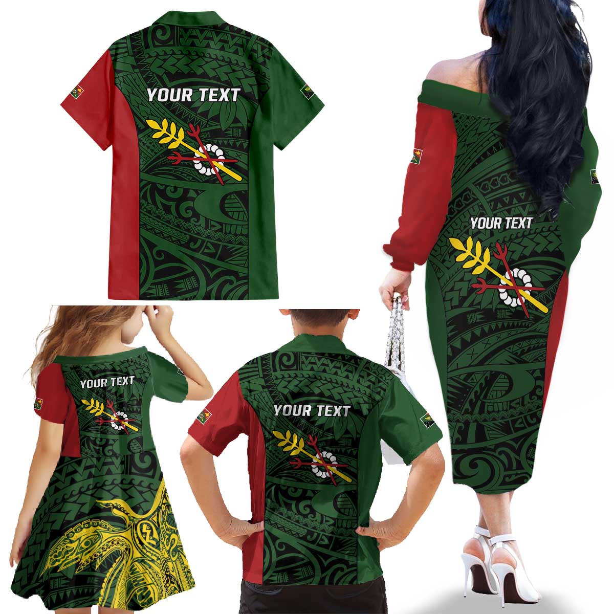 Personalised PNG Chimbu Province Family Matching Off The Shoulder Long Sleeve Dress and Hawaiian Shirt Bird of Paradise Tattoo Flag Motif LT9 - Polynesian Pride