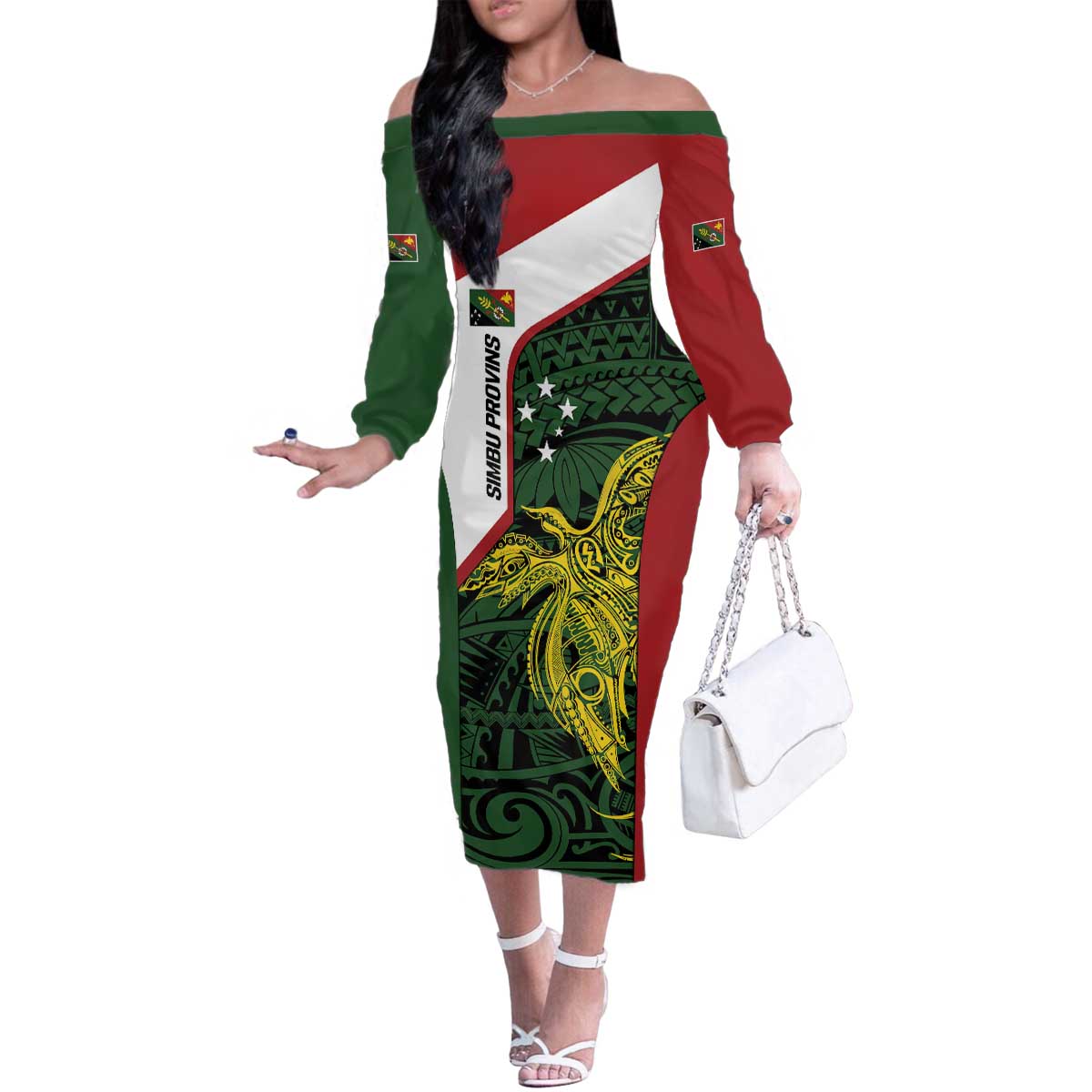 Personalised PNG Chimbu Province Family Matching Off The Shoulder Long Sleeve Dress and Hawaiian Shirt Bird of Paradise Tattoo Flag Motif LT9 Mom's Dress Red - Polynesian Pride