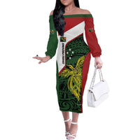 Personalised PNG Chimbu Province Family Matching Off The Shoulder Long Sleeve Dress and Hawaiian Shirt Bird of Paradise Tattoo Flag Motif LT9 Mom's Dress Red - Polynesian Pride