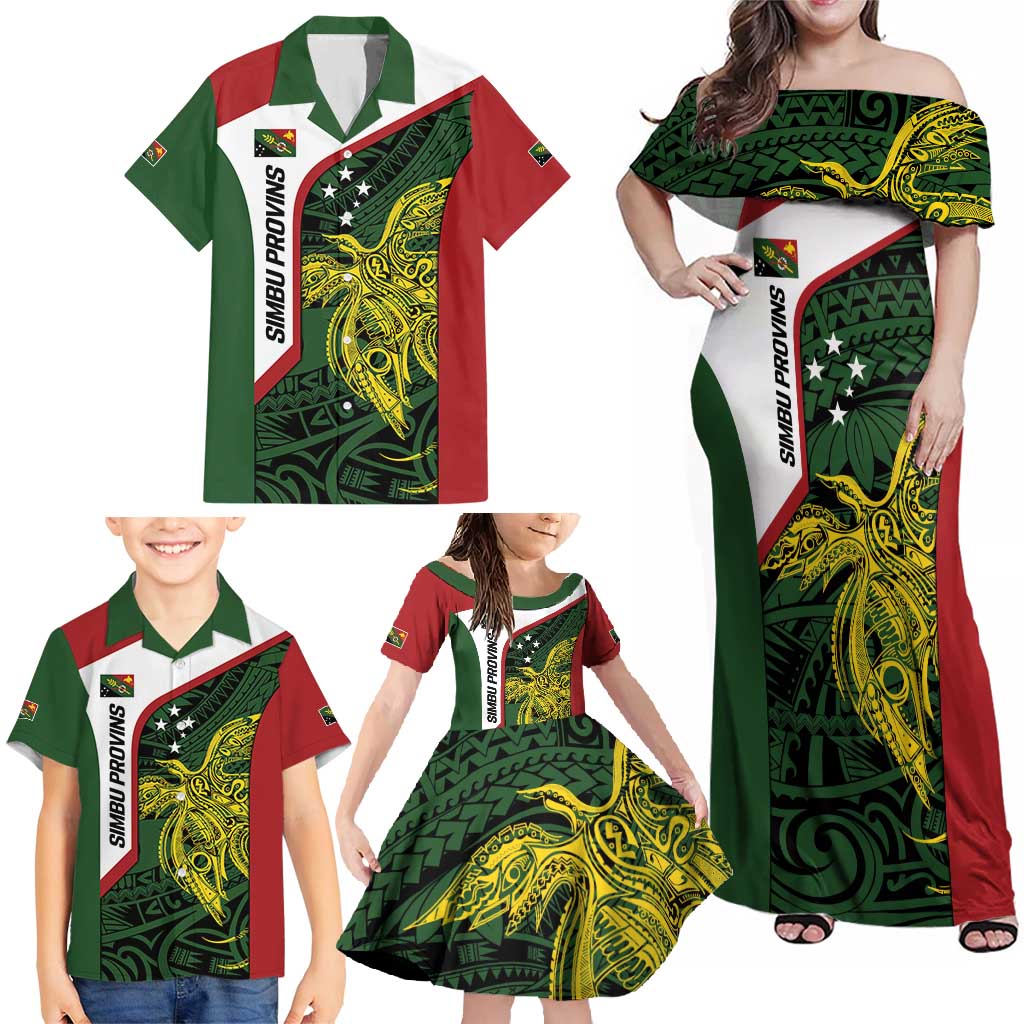 Personalised PNG Chimbu Province Family Matching Off Shoulder Maxi Dress and Hawaiian Shirt Bird of Paradise Tattoo Flag Motif LT9 - Polynesian Pride