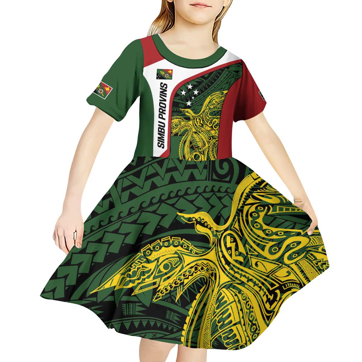 Personalised PNG Chimbu Province Kid Short Sleeve Dress Bird of Paradise Tattoo Flag Motif LT9 - Polynesian Pride