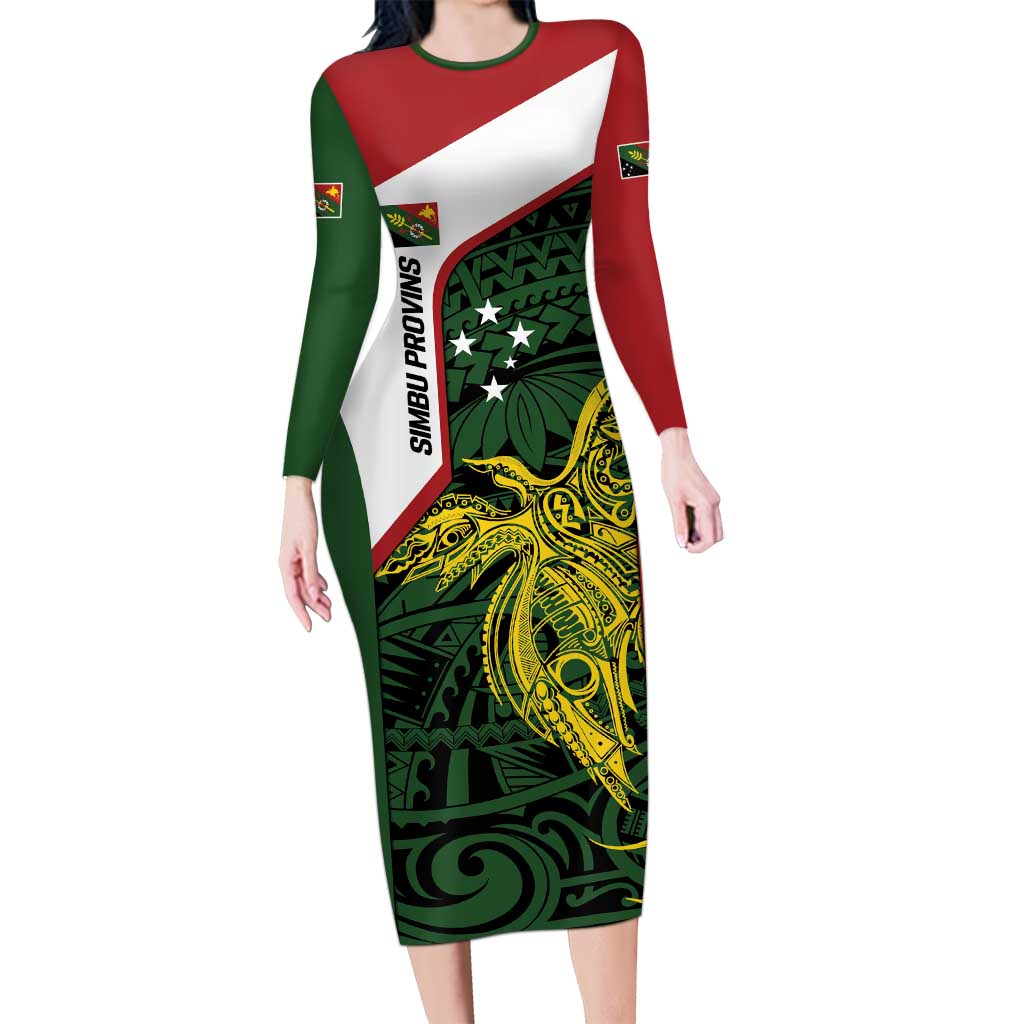 Personalised PNG Chimbu Province Long Sleeve Bodycon Dress Bird of Paradise Tattoo Flag Motif LT9 Long Dress Red - Polynesian Pride