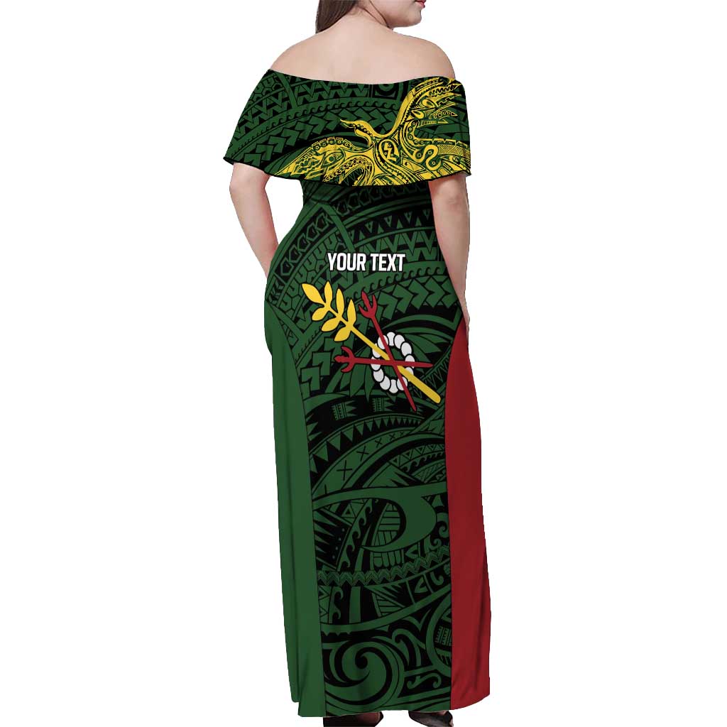 Personalised PNG Chimbu Province Off Shoulder Maxi Dress Bird of Paradise Tattoo Flag Motif - Polynesian Pride