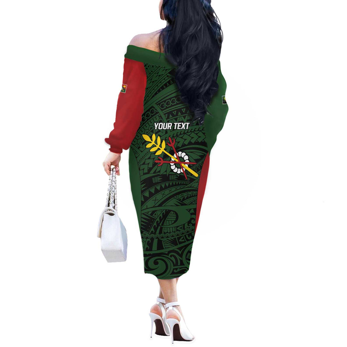 Personalised PNG Chimbu Province Off The Shoulder Long Sleeve Dress Bird of Paradise Tattoo Flag Motif LT9 - Polynesian Pride