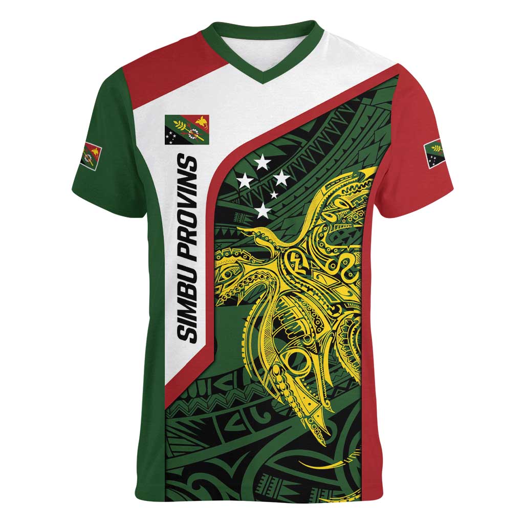 Personalised PNG Chimbu Province Women V-Neck T-Shirt Bird of Paradise Tattoo Flag Motif - Polynesian Pride