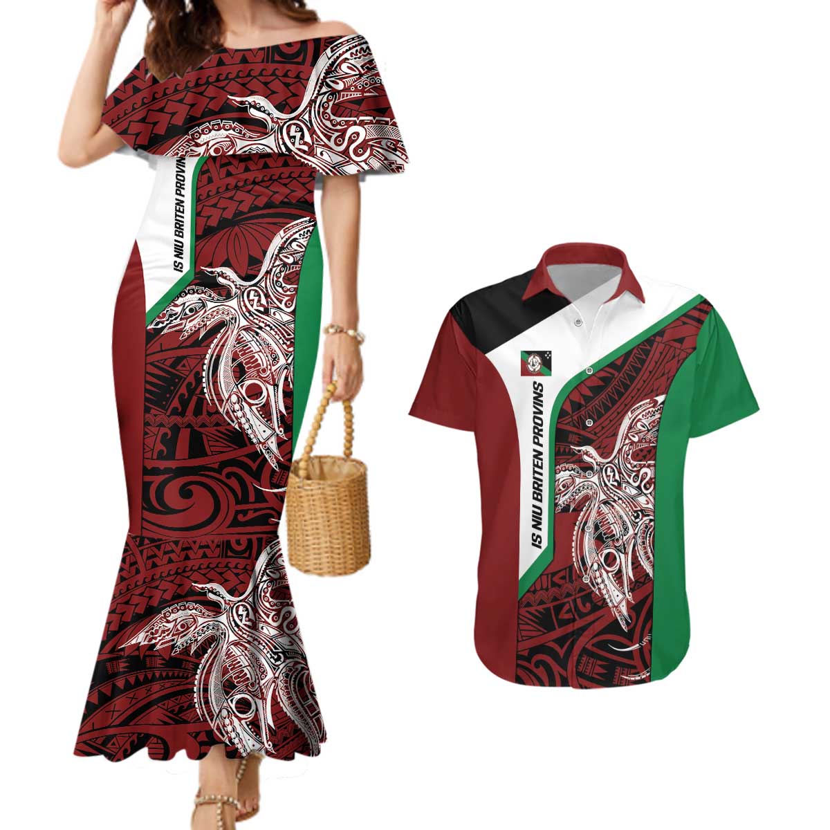Personalised PNG East New Britain Province Couples Matching Mermaid Dress and Hawaiian Shirt Bird of Paradise Tattoo Flag Motif LT9 Green - Polynesian Pride