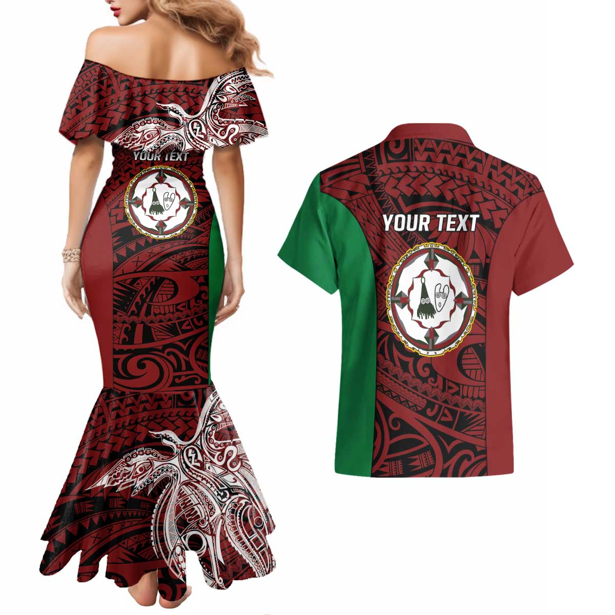 Personalised PNG East New Britain Province Couples Matching Mermaid Dress and Hawaiian Shirt Bird of Paradise Tattoo Flag Motif LT9 - Polynesian Pride