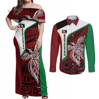 Personalised PNG East New Britain Province Couples Matching Off Shoulder Maxi Dress and Long Sleeve Button Shirt Bird of Paradise Tattoo Flag Motif LT9 Green - Polynesian Pride