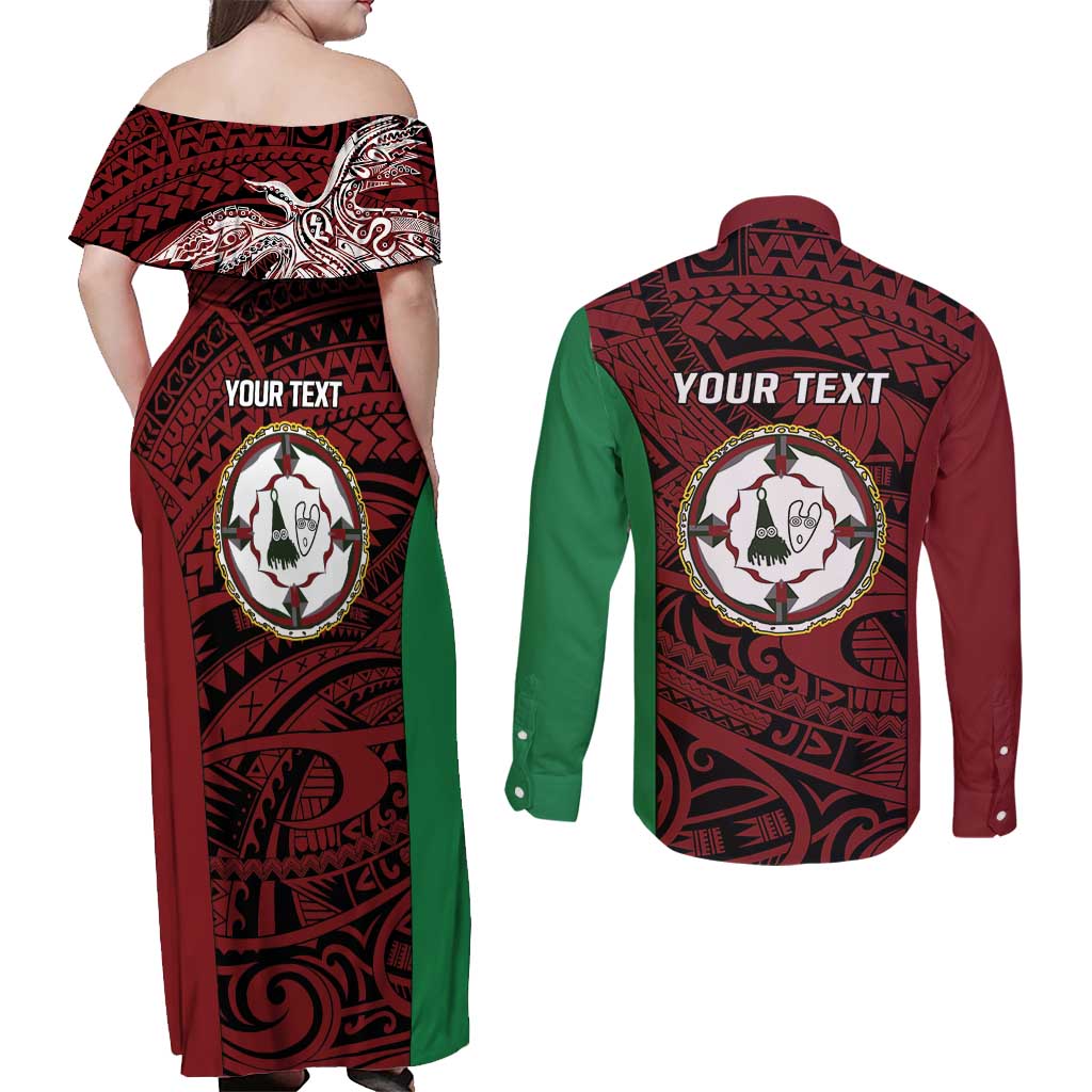 Personalised PNG East New Britain Province Couples Matching Off Shoulder Maxi Dress and Long Sleeve Button Shirt Bird of Paradise Tattoo Flag Motif LT9 - Polynesian Pride