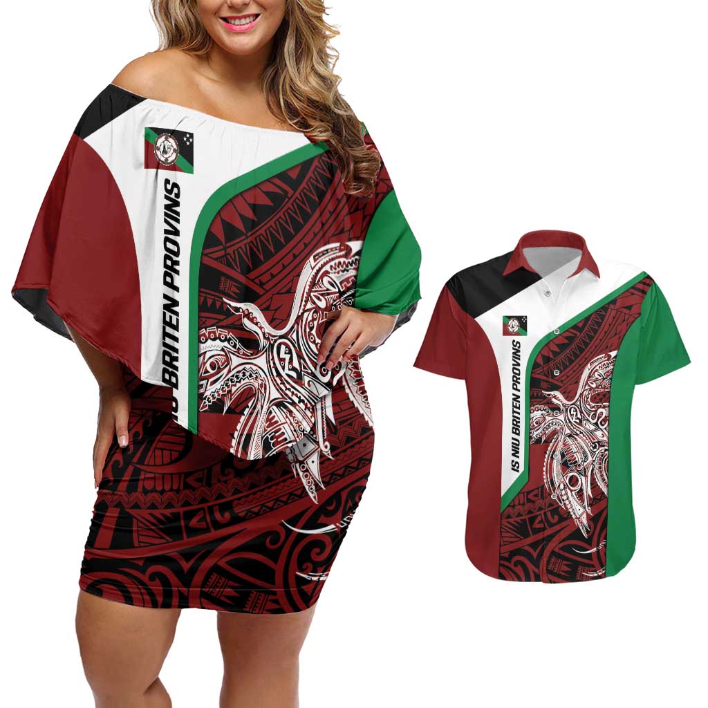 Personalised PNG East New Britain Province Couples Matching Off Shoulder Short Dress and Hawaiian Shirt Bird of Paradise Tattoo Flag Motif LT9 Green - Polynesian Pride