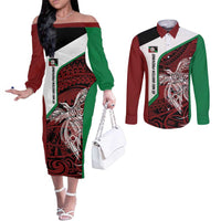 Personalised PNG East New Britain Province Couples Matching Off The Shoulder Long Sleeve Dress and Long Sleeve Button Shirt Bird of Paradise Tattoo Flag Motif LT9 Green - Polynesian Pride