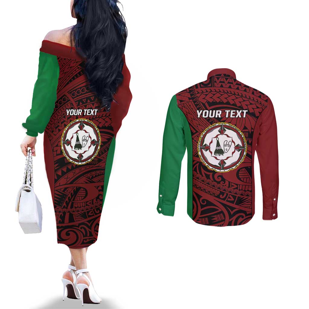 Personalised PNG East New Britain Province Couples Matching Off The Shoulder Long Sleeve Dress and Long Sleeve Button Shirt Bird of Paradise Tattoo Flag Motif LT9 - Polynesian Pride
