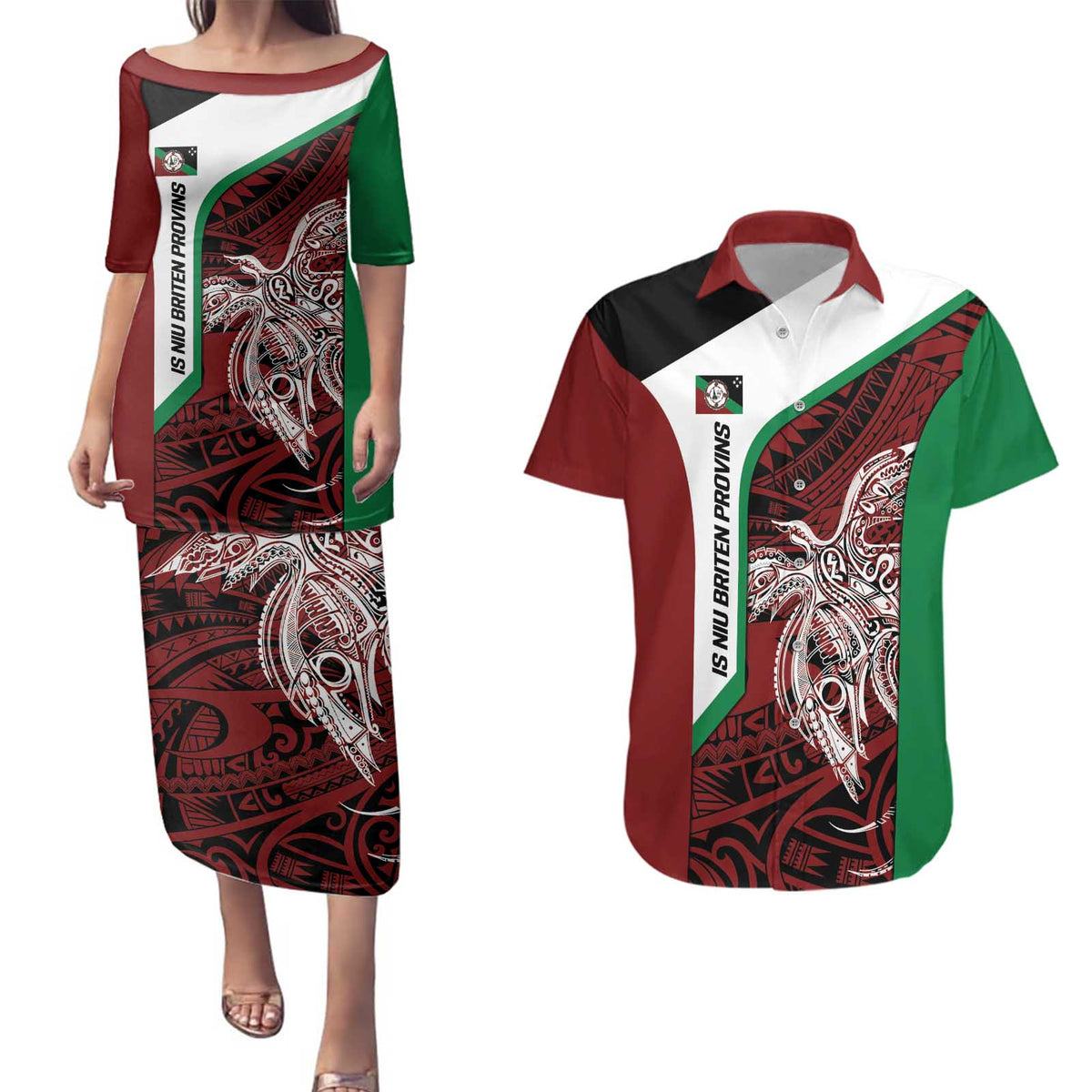 Personalised PNG East New Britain Province Couples Matching Puletasi and Hawaiian Shirt Bird of Paradise Tattoo Flag Motif LT9 Green - Polynesian Pride