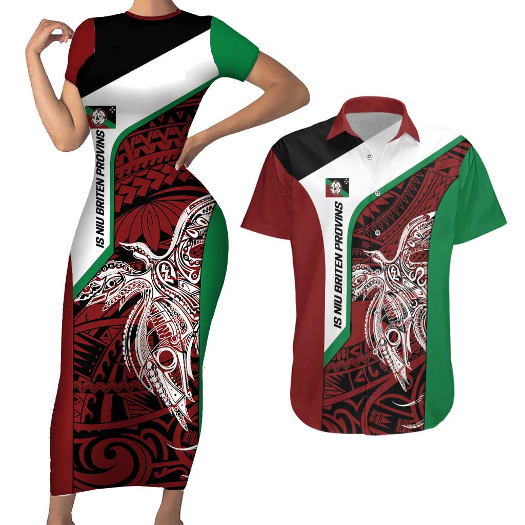 Personalised PNG East New Britain Province Couples Matching Short Sleeve Bodycon Dress and Hawaiian Shirt Bird of Paradise Tattoo Flag Motif LT9 Green - Polynesian Pride