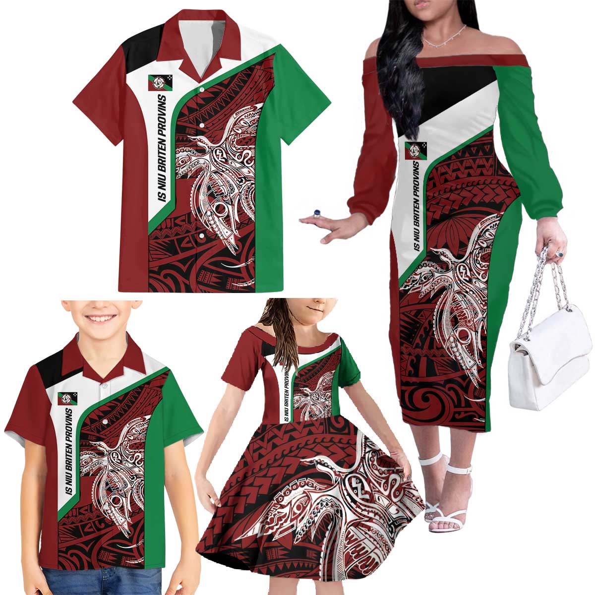 Personalised PNG East New Britain Province Family Matching Off The Shoulder Long Sleeve Dress and Hawaiian Shirt Bird of Paradise Tattoo Flag Motif LT9 - Polynesian Pride